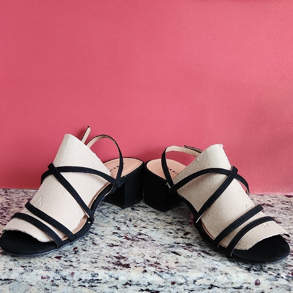 torrid Beige and Black Block Heel Sandals